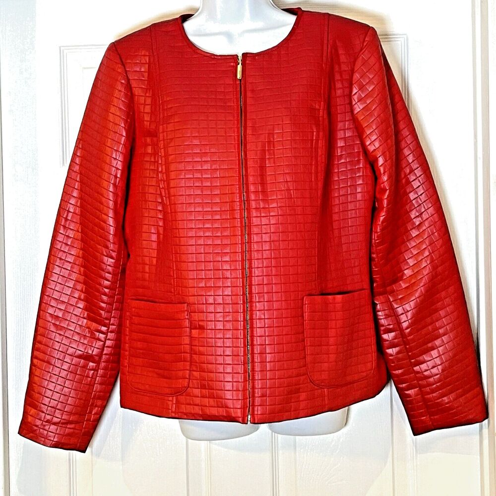 Valerie Stevens‎ Womens XL Red Full Zip Jacket Lined 2 Front Pockets Round Neck